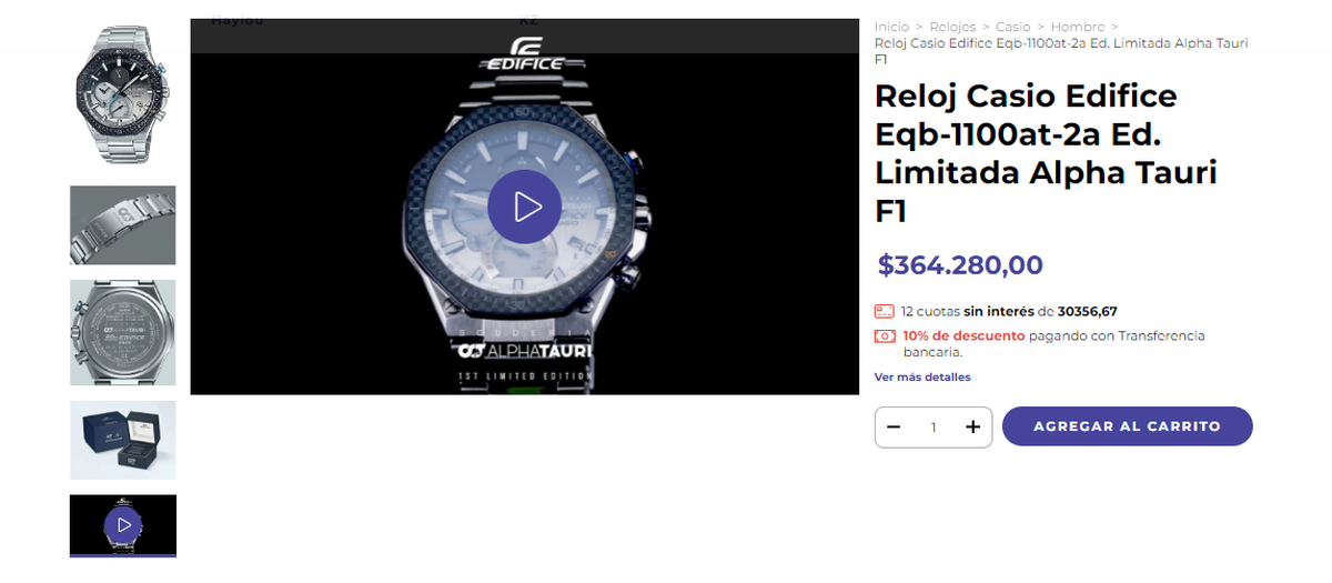 El Reloj Edifice Eqb-1100at-2a Ed. Limitada Alpha Tauri F1 es uno de los más caros de Casio, la marca que nombró Shakira.