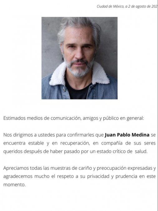 La empresa encargada de representar a Juan Pablo emitió un comunicado sobre su salud.