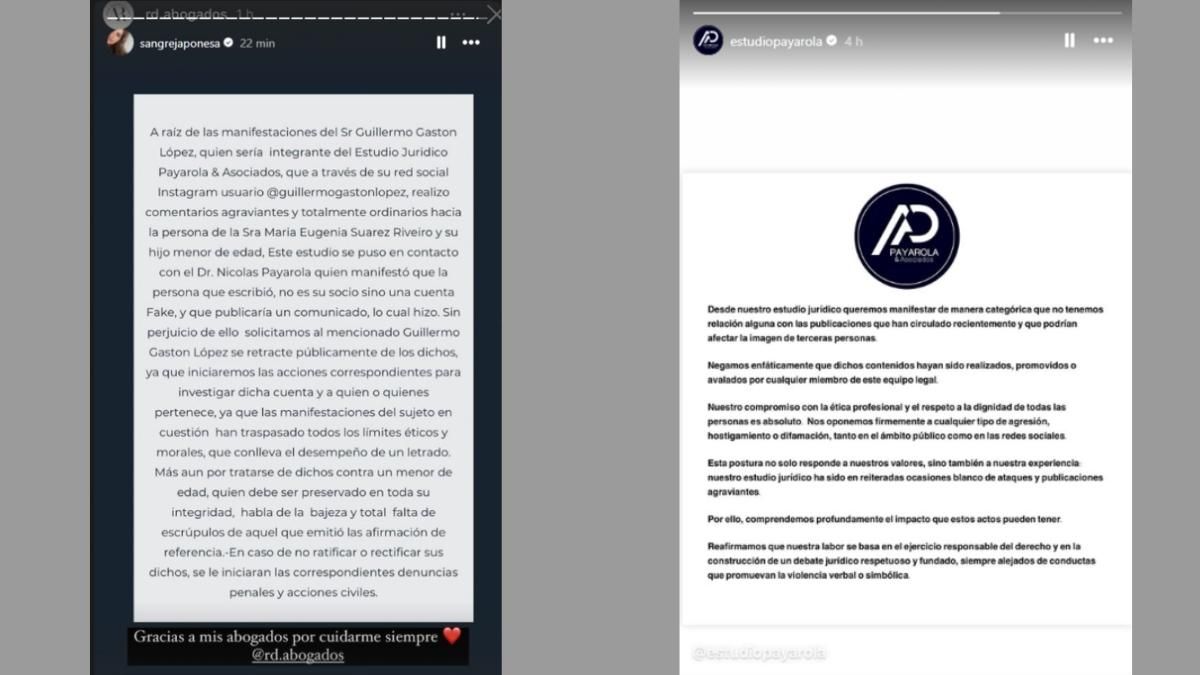 Los estudios de abogados que representan a la China Suárez y a Wanda Nara, respectivamente, se involucraron en la polémica. Los estudios de abogados que representan a la China Suárez y a Wanda Nara, respectivamente, se involucraron en la polémica.