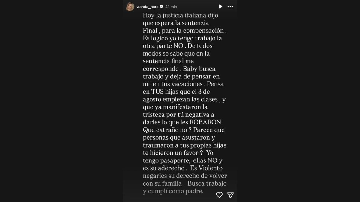 Wanda Nara le respondió a Mauro Icardi a través de sus historias y le exigió la firma de los documentos para permitir el regreso de sus hijas a la Argentina. Wanda Nara le respondió a Mauro Icardi a través de sus historias y le exigió la firma de los documentos para permitir el regreso de sus hijas a la Argentina.