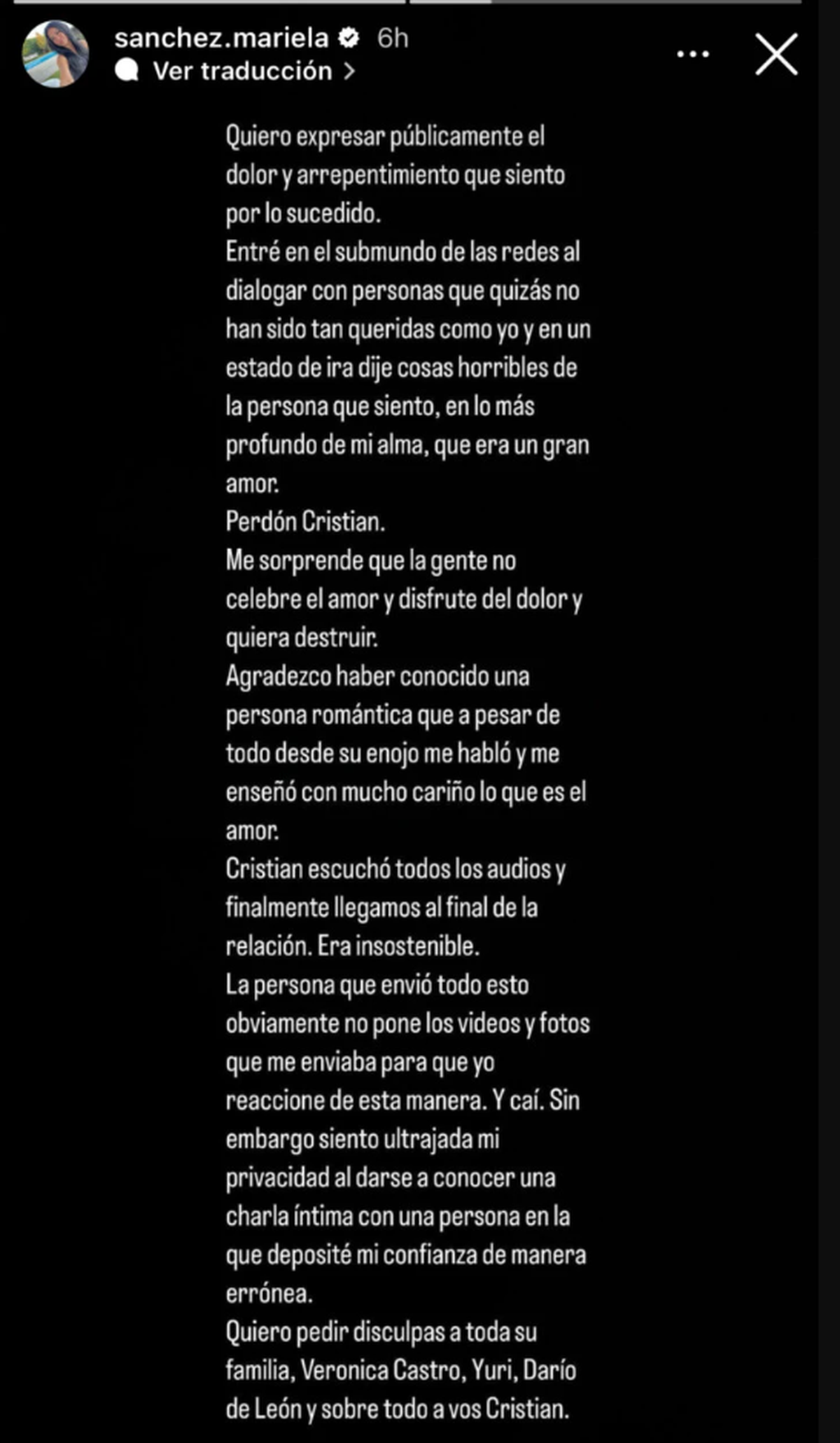 Mariela Sánchez pidió disculpas por los audios filtrados criticando a Cristian Castro. Mariela Sánchez pidió disculpas por los audios filtrados criticando a Cristian Castro.