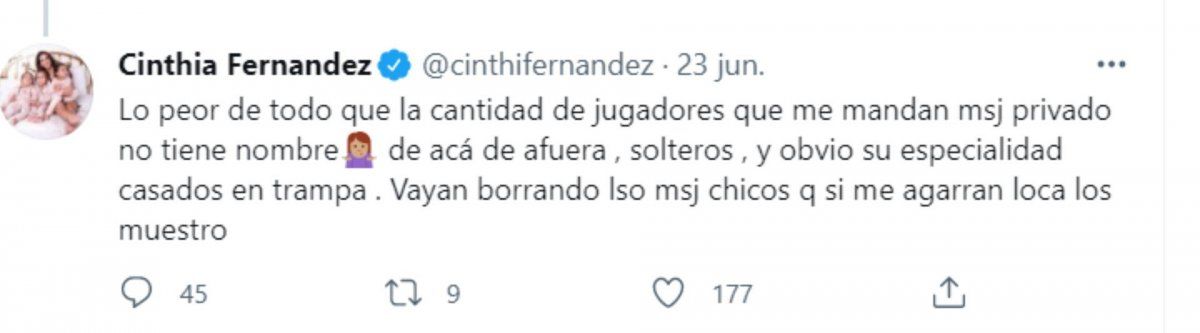 Cinthia Fernández a los futbolistas casados que le mandan mensajes.