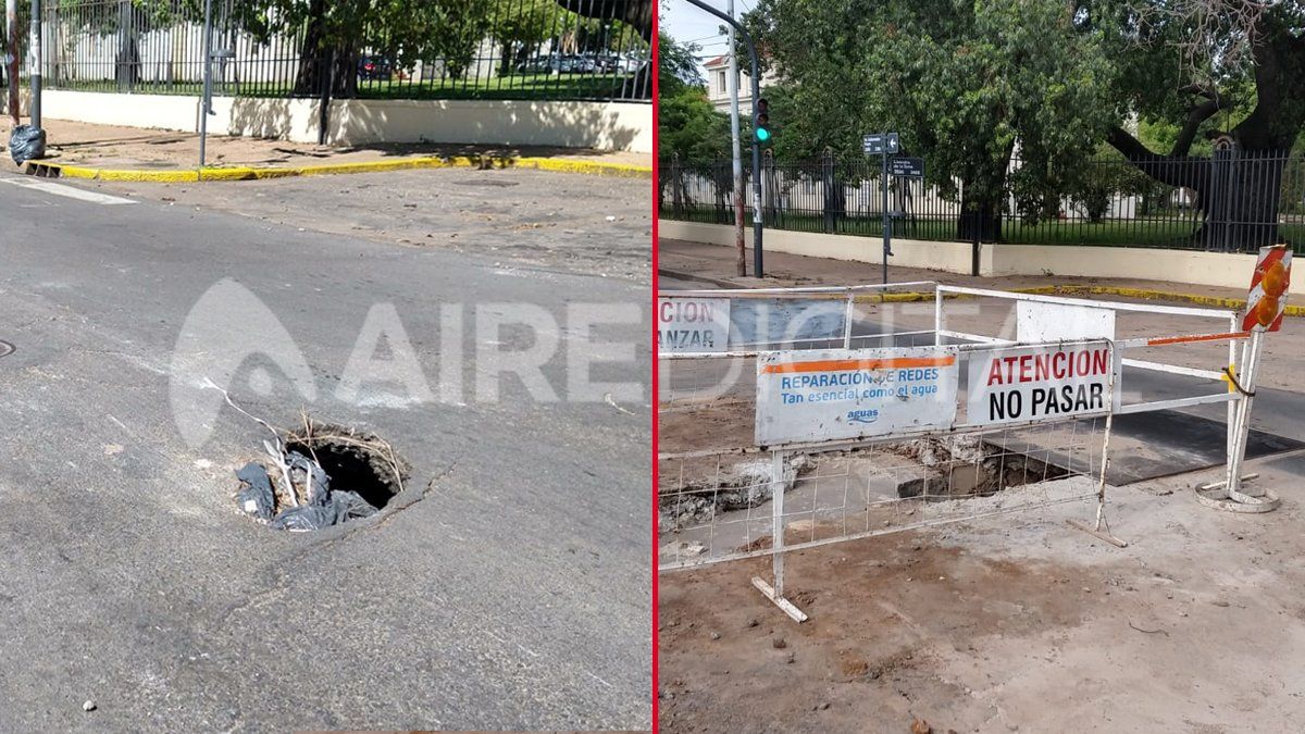 El antes y el después del socavón en la esquina de Avenida Gobernador Freyre y Lisandro de la Torre.