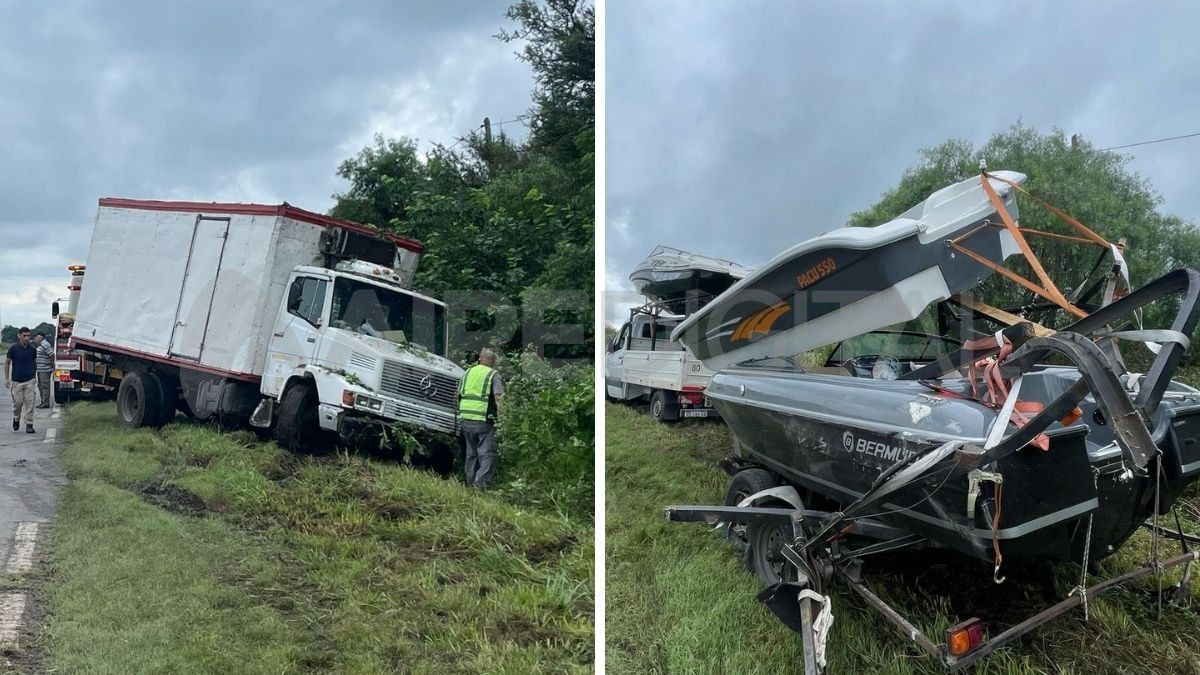 A la izquierda, el camión que generó el accidente y quedó en banquina. A la derecha, la camioneta que transportaba las lanchas. A la izquierda, el camión que generó el accidente y quedó en banquina. A la derecha, la camioneta que transportaba las lanchas.