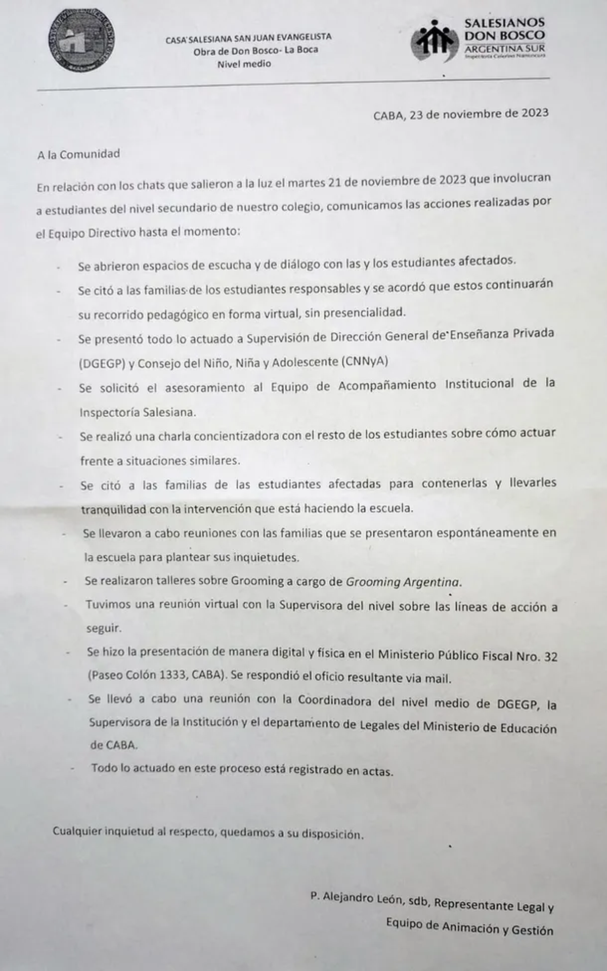 El comunicado emitido por el colegio San Juan Evangelista de La Boca. El comunicado emitido por el colegio San Juan Evangelista de La Boca.