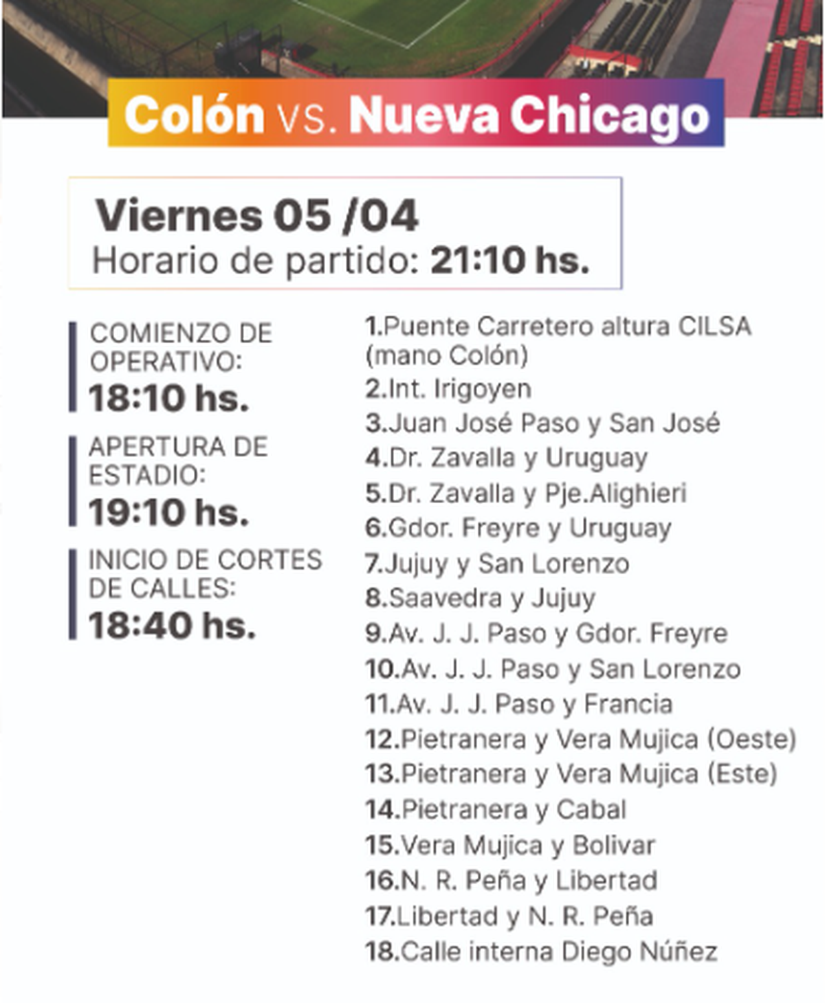 La información brindada por el Ministerio de Seguridad de Santa Fe para el partido de Colón vs. Nueva Chicago. La información brindada por el Ministerio de Seguridad de Santa Fe para el partido de Colón vs. Nueva Chicago.