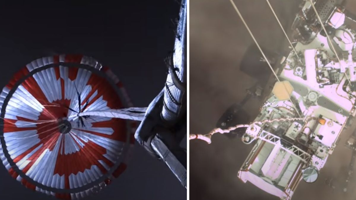 Izq: el paracaídas del rover abierto en el descenso