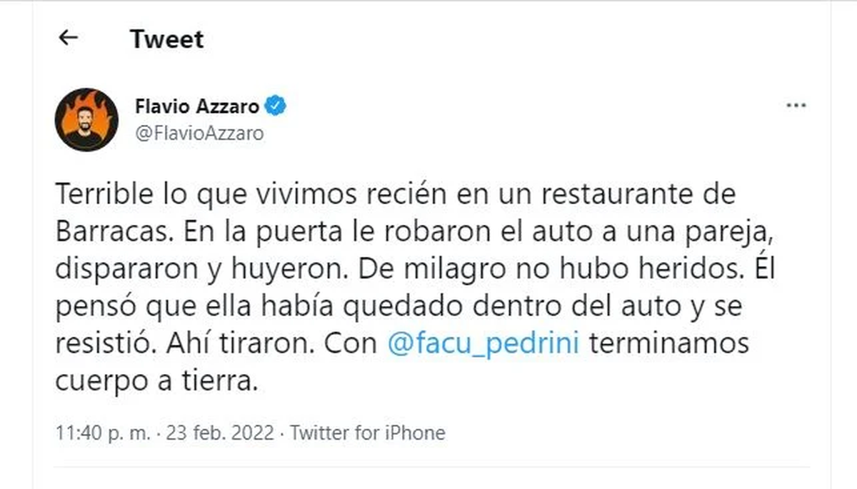 Flavio Azzaro termin&oacute; cuerpo a tierra durante un tiroteo en Barracas. Captura Twitter &nbsp;