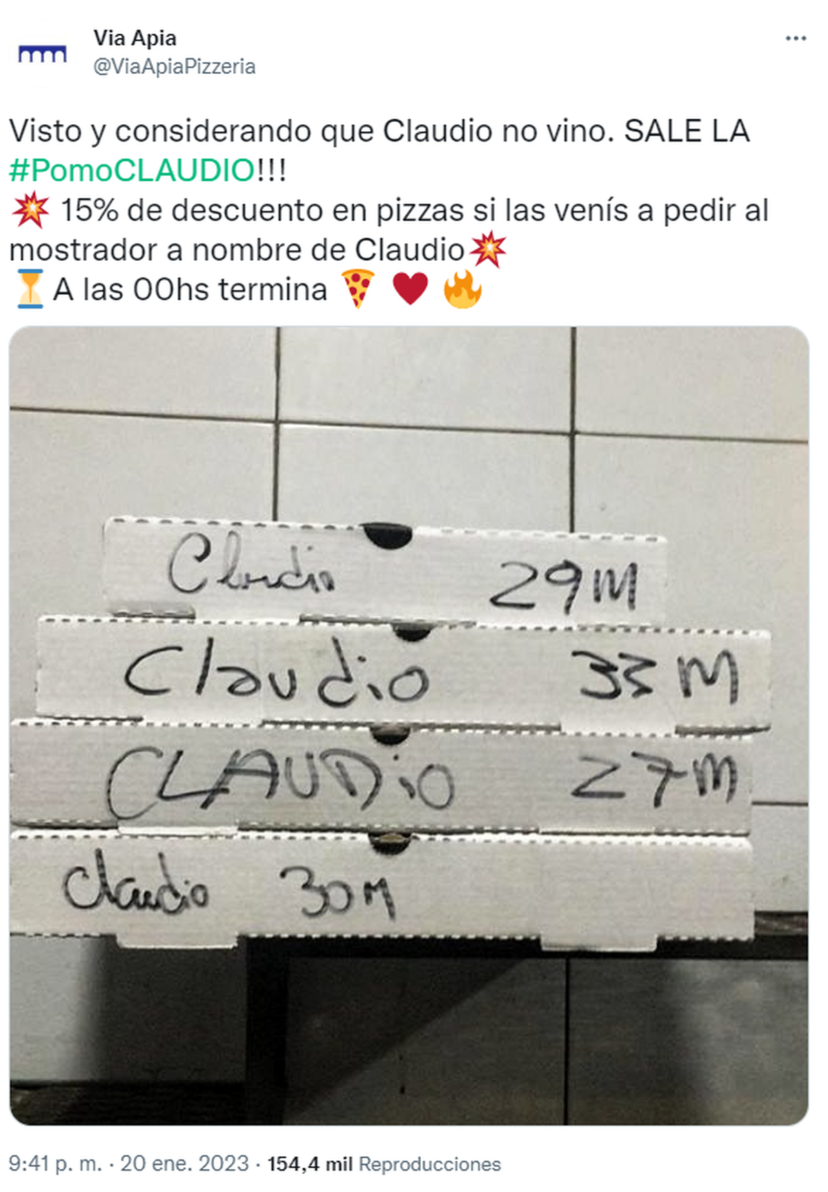 La respuesta de la pizzería al comentario de Claudio, un usuario que se quejó de la comida.