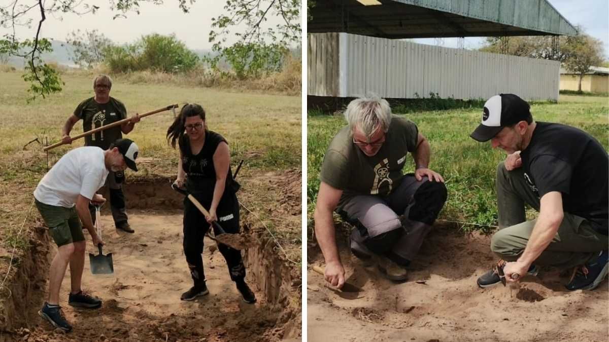 El grupo encontró un muro de tapia casi al ras del piso. El grupo encontró un muro de tapia casi al ras del piso.
