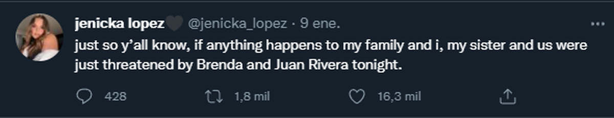 A través de sus redes sociales, la hija menor de Jenni Rivera denunció a su tío por supuestamente haberla amenazado a ella y a sus cercanos.