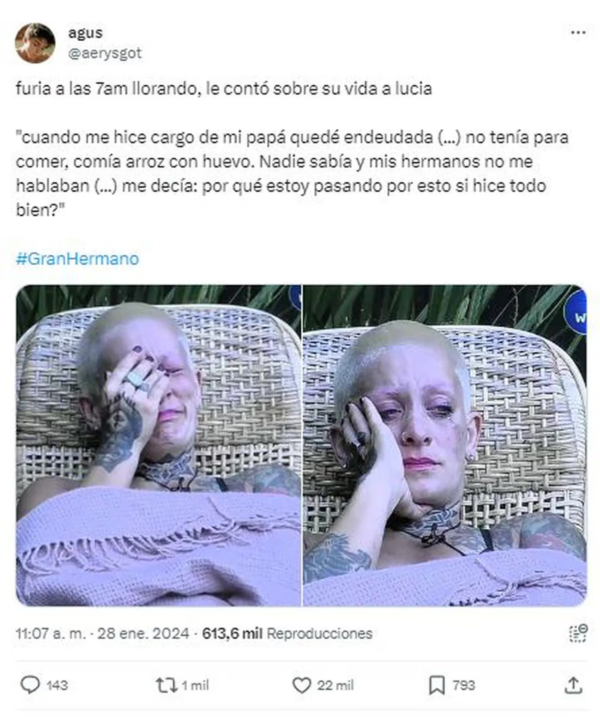 En Gran Hermano, Furia contó su doloroso pasado. En Gran Hermano, Furia contó su doloroso pasado.