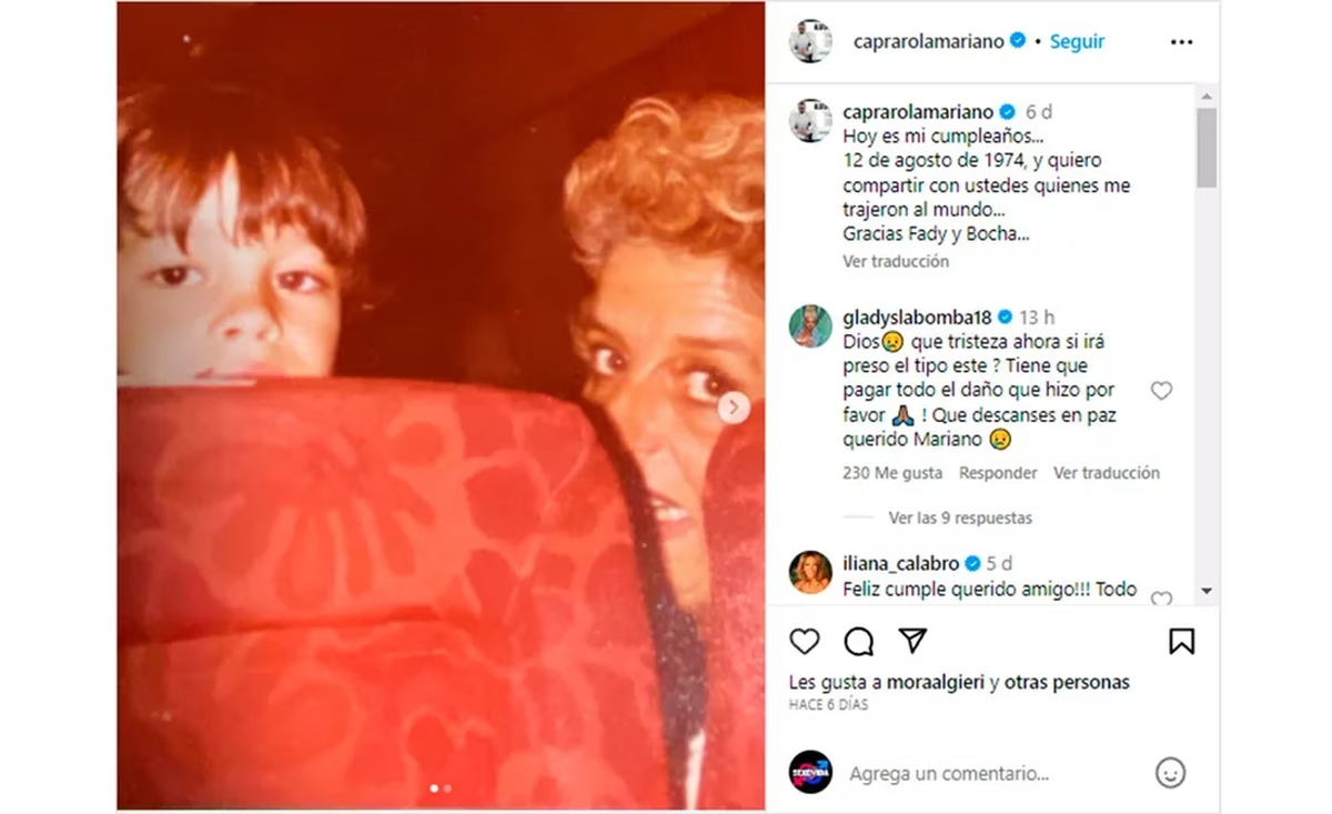 Mariano Caprarola de chico, junto a su mamá Fady.