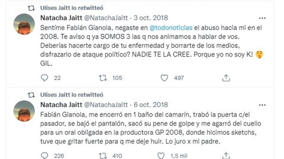 Los tuits de Natacha Jaitt contra Fabián Gianola.
