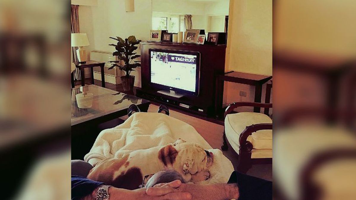 En la foto se lo puede ver en un sillón de frente a la TV y con su perro sobre la falda. Los seguidores del ex piloto le dedicaron palabras de aliento.