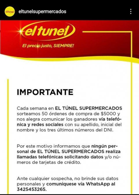 La empresa El Túnel aclaró que no otorgan ni dinero ni premios. En caso de sospechas podrán contactarse al número que figura en la imagen.