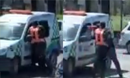 Le quisieron hacer una multa y los atacó con el matafuegos Le quisieron hacer una multa y los atacó con el matafuegos