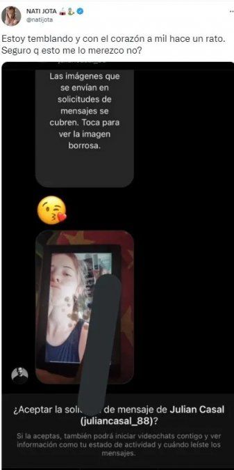 El repudiable mensaje que le enviaron a Nati Jota. 