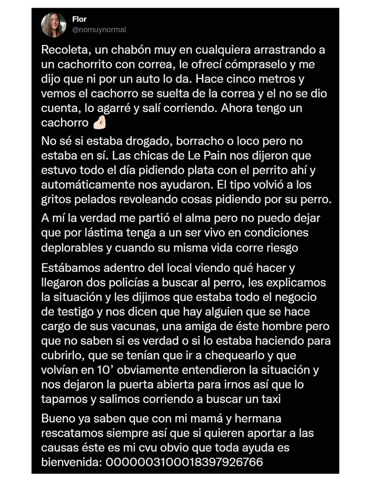 El posteo de la joven que se llevó el perro