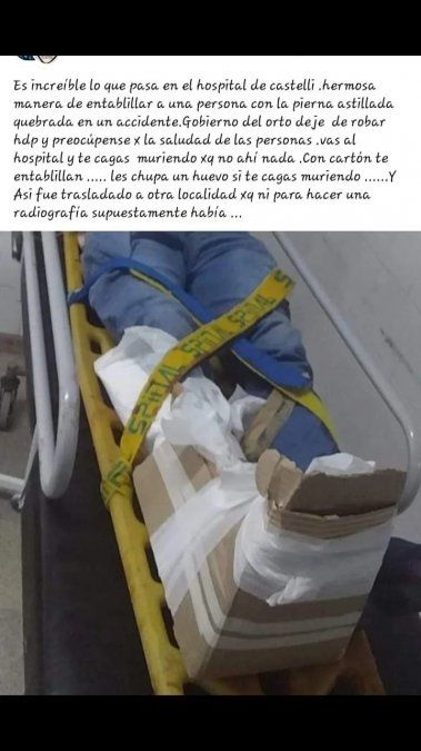 La publicación de Cecilia, la hermana de Sergio, donde muestra cómo entablillaron a su hermano en el hospital de Castelli.