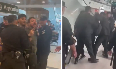 Juan Grabois respondió con gritos y tuvo que ser contenido por la Policía Aeroportuaria luego de ser insultado en Ezeiza. Juan Grabois respondió con gritos y tuvo que ser contenido por la Policía Aeroportuaria luego de ser insultado en Ezeiza.