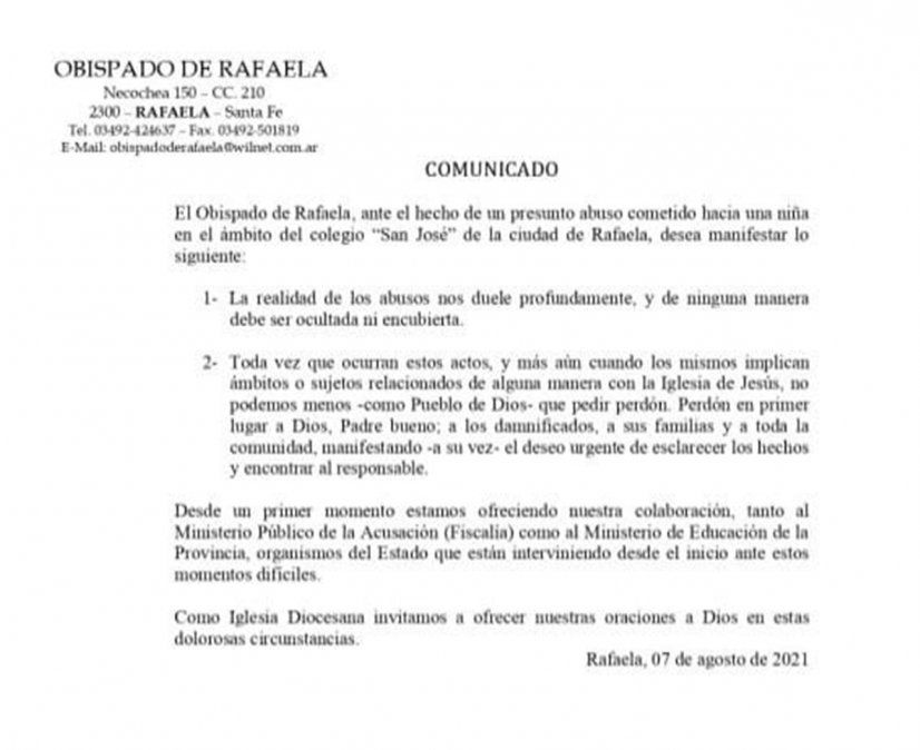El Obispado de Rafaela emitió un comunicado en referencia al abuso sexual de una niña de siete años en el colegio San José.