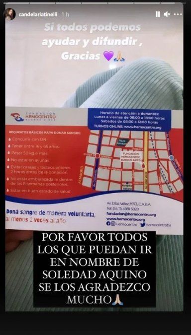 El pedido de Cande Tinelli sobre la donación de sangre a su mamá.