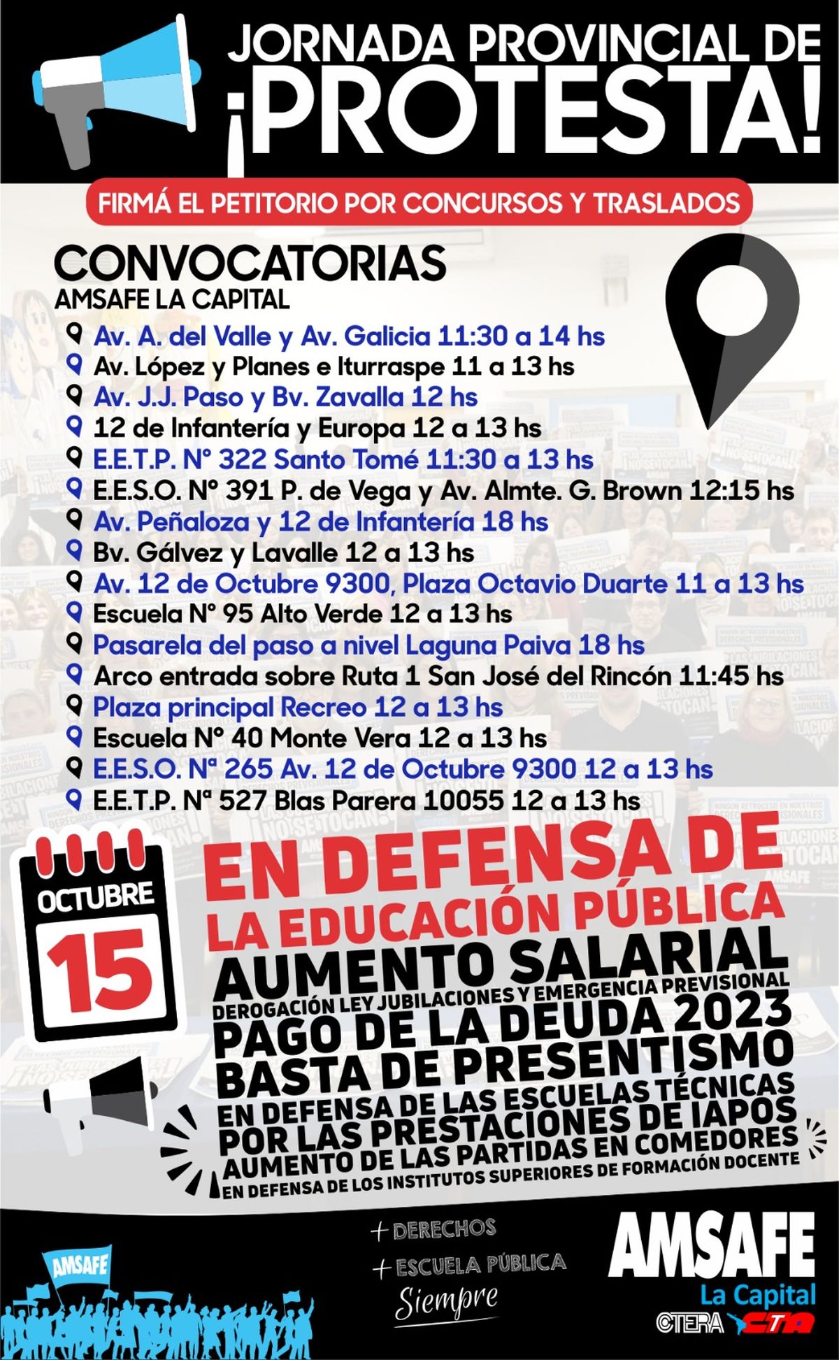 Las actividades se llevarán a cabo en establecimientos educativos ubicados en diferentes puntos del departamento La Capital y consistirán en concentraciones, movilizaciones, cartelazos, ruidazos y clases abiertas.