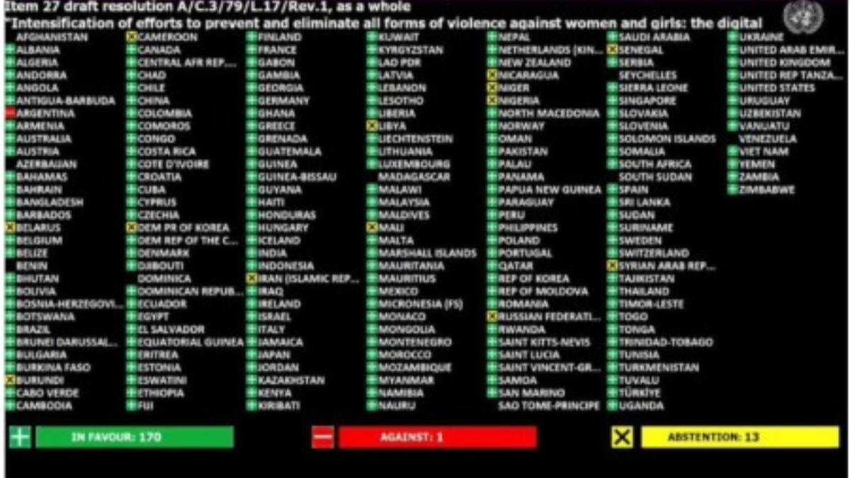 El tablero que quedará en la historia negra de la diplomacia argentina, único país en votar en contra de una Resolución para prevenir y eliminar la violencia contra mujeres y niñas / Fuente: ONU. El tablero que quedará en la historia negra de la diplomacia argentina, único país en votar en contra de una Resolución para prevenir y eliminar la violencia contra mujeres y niñas / Fuente: ONU.