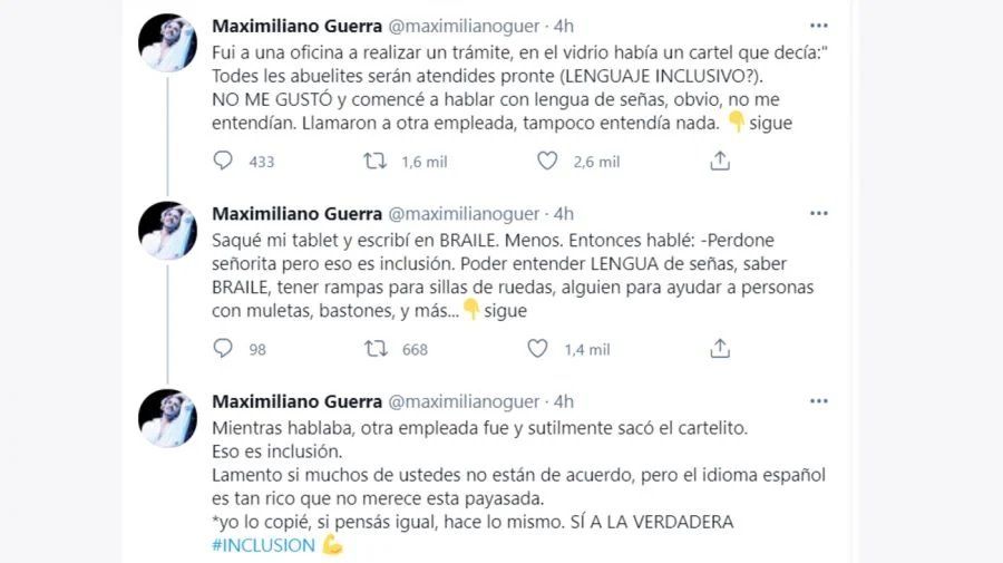 Maximiliano Guerra criticó el uso de lenguaje inclusivo en redes sociales. Foto: Captura de pantalla 