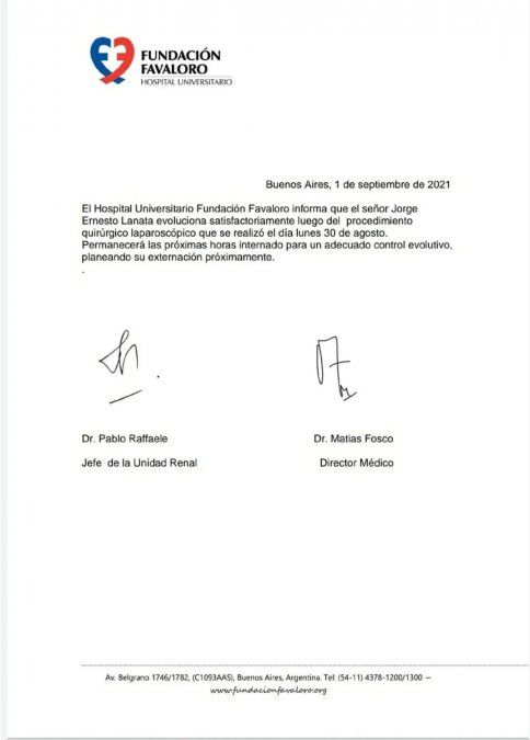 Parte médico del 1 de septiembre de Jorge Lanta 