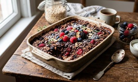 La receta saludable para hacer avena horneada con cacao y frutos rojos. La receta saludable para hacer avena horneada con cacao y frutos rojos.
