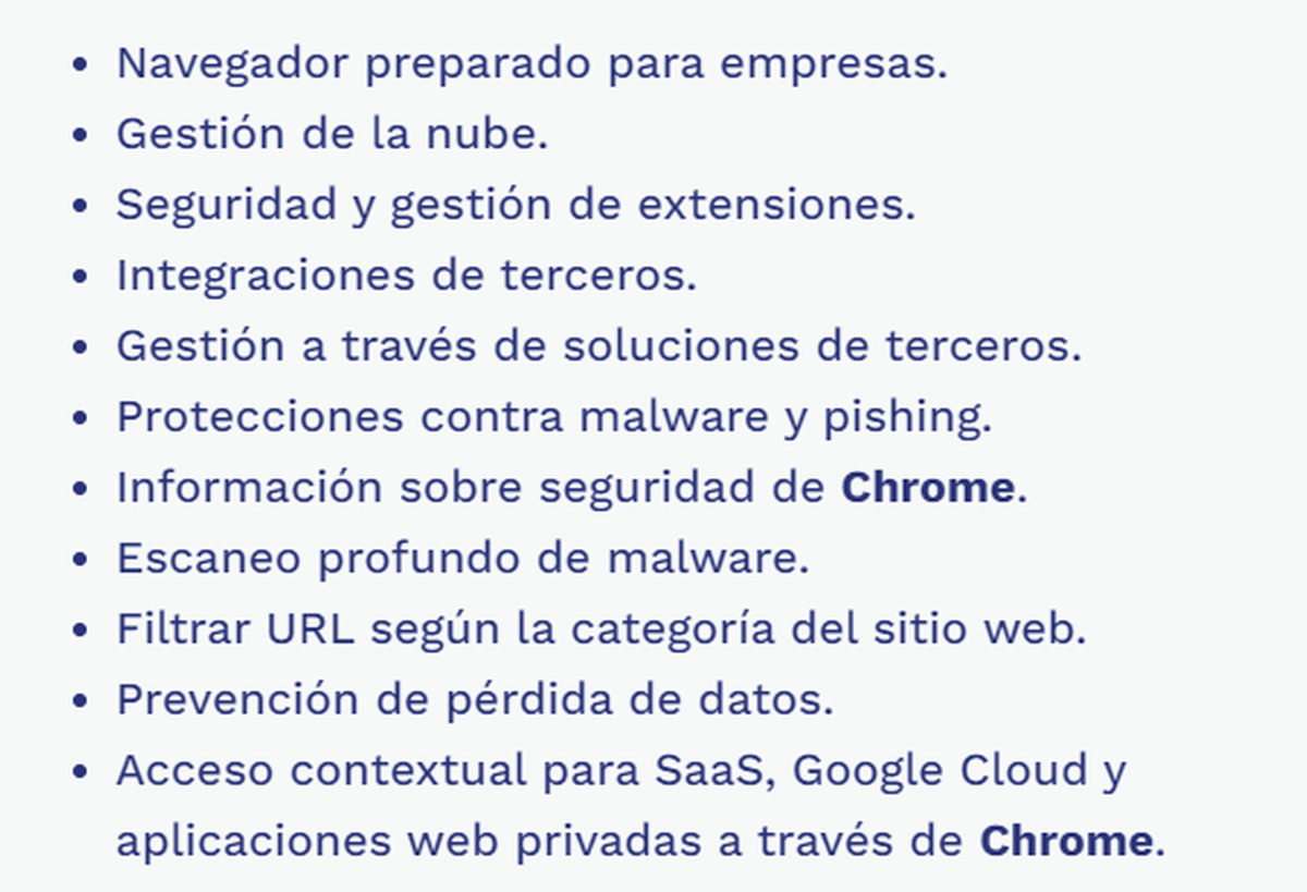 Chrome Enterprise Premium ofrecerá mejoras de seguridad, protección contra amenazas (malware), herramientas contra el phishing y mucho más. Chrome Enterprise Premium ofrecerá mejoras de seguridad, protección contra amenazas (malware), herramientas contra el phishing y mucho más.