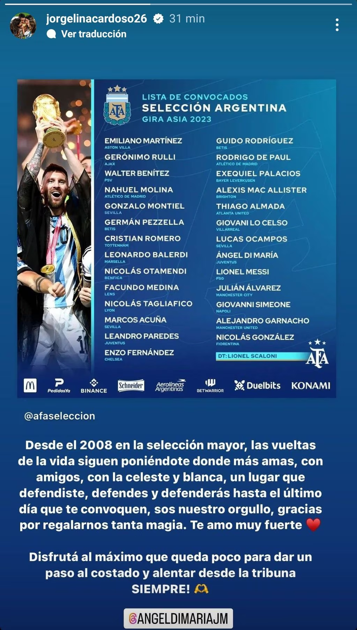 Jorgelina Cardoso compartió su alegría por el llamado a