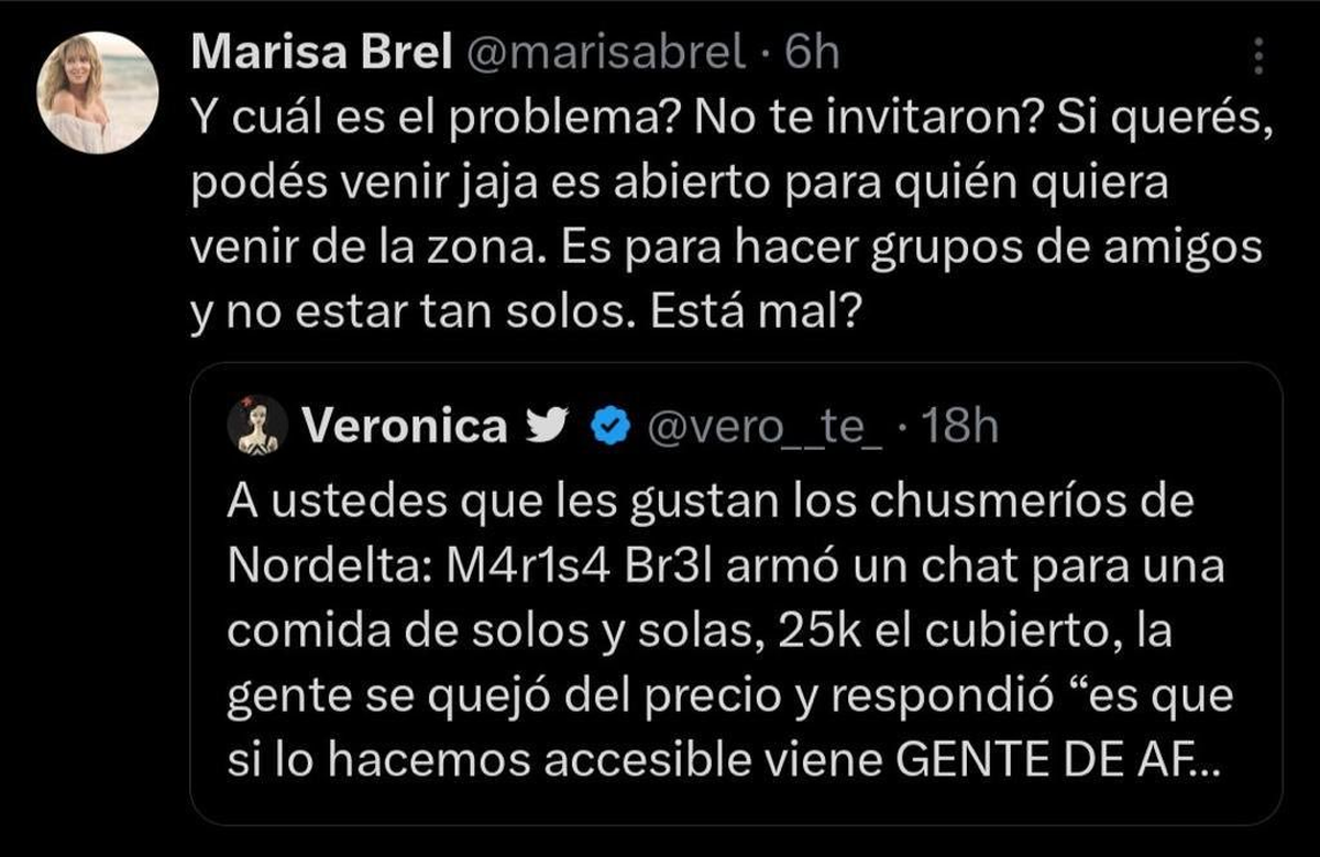 Marisa Brel y otra vecina de Nordelta se pelearon por Twitter. Marisa Brel y otra vecina de Nordelta se pelearon por Twitter.