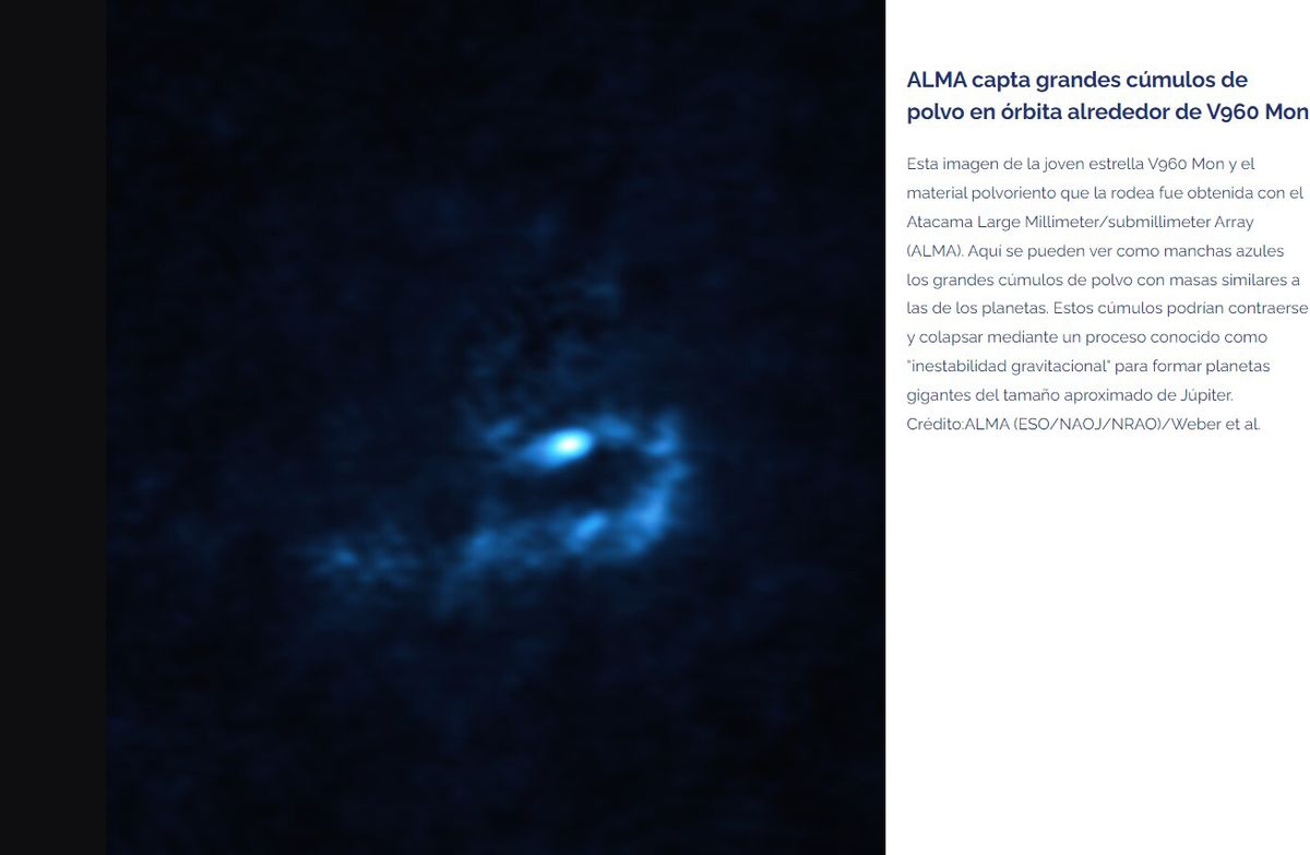 Lo azul, en donde se estarían formando los planetas, es lo que observó ALMA desde Chile. Lo azul, en donde se estarían formando los planetas, es lo que observó ALMA desde Chile.