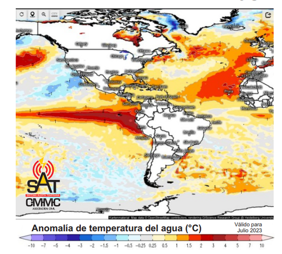 El mapa indica el calentamiento del Pacífico Ecuatorial, que es lo que va a traer el niño en los próximos meses. El mapa indica el calentamiento del Pacífico Ecuatorial, que es lo que va a traer el niño en los próximos meses.