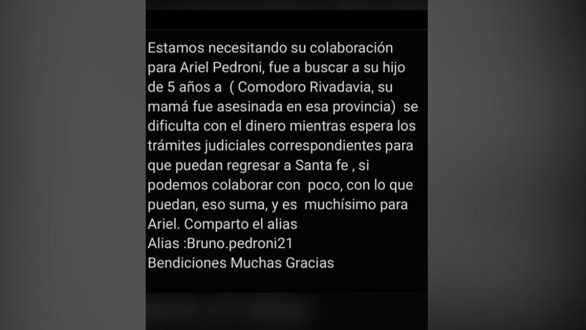 El mensaje en redes sociales, compartido por la familia Pedroni, quien dejó un número telefónico para cualquier tipo de ayuda: 3424684085. El mensaje en redes sociales, compartido por la familia Pedroni, quien dejó un número telefónico para cualquier tipo de ayuda: 3424684085.