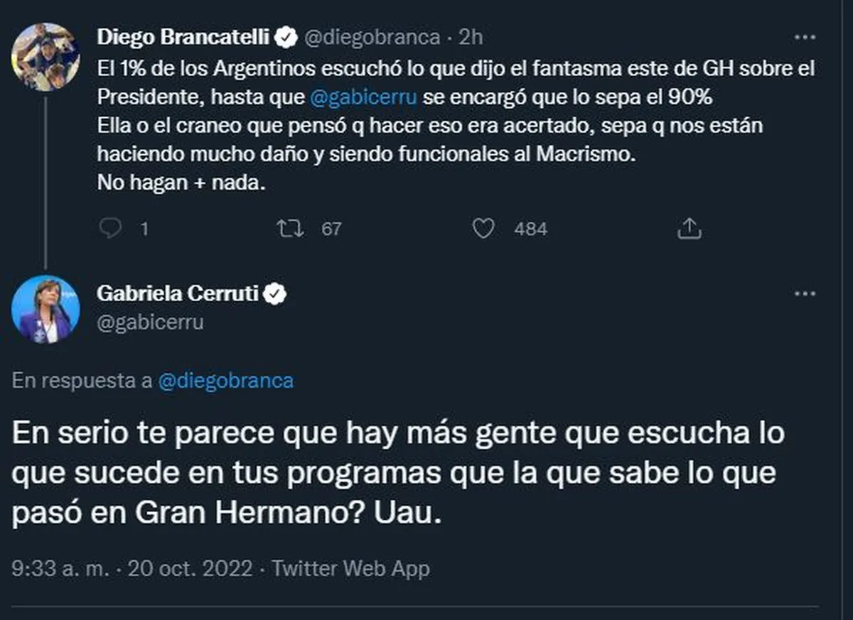 El tweet de Brancatelli y la respuesta de Cerruti.