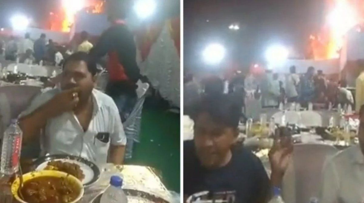 Video: se produjo un incendio en un casamiento pero los invitados no dejaron de comer