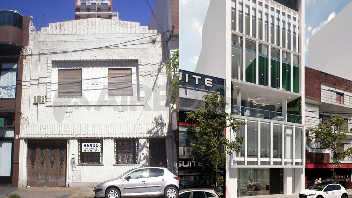 A la izquierda, la vieja casa donde se levantó hace más de 13 años el primer edificio de AIRE; y a la derecha, la imagen del proyecto del nuevo edificio del multimedio que hoy comienza a construirse.