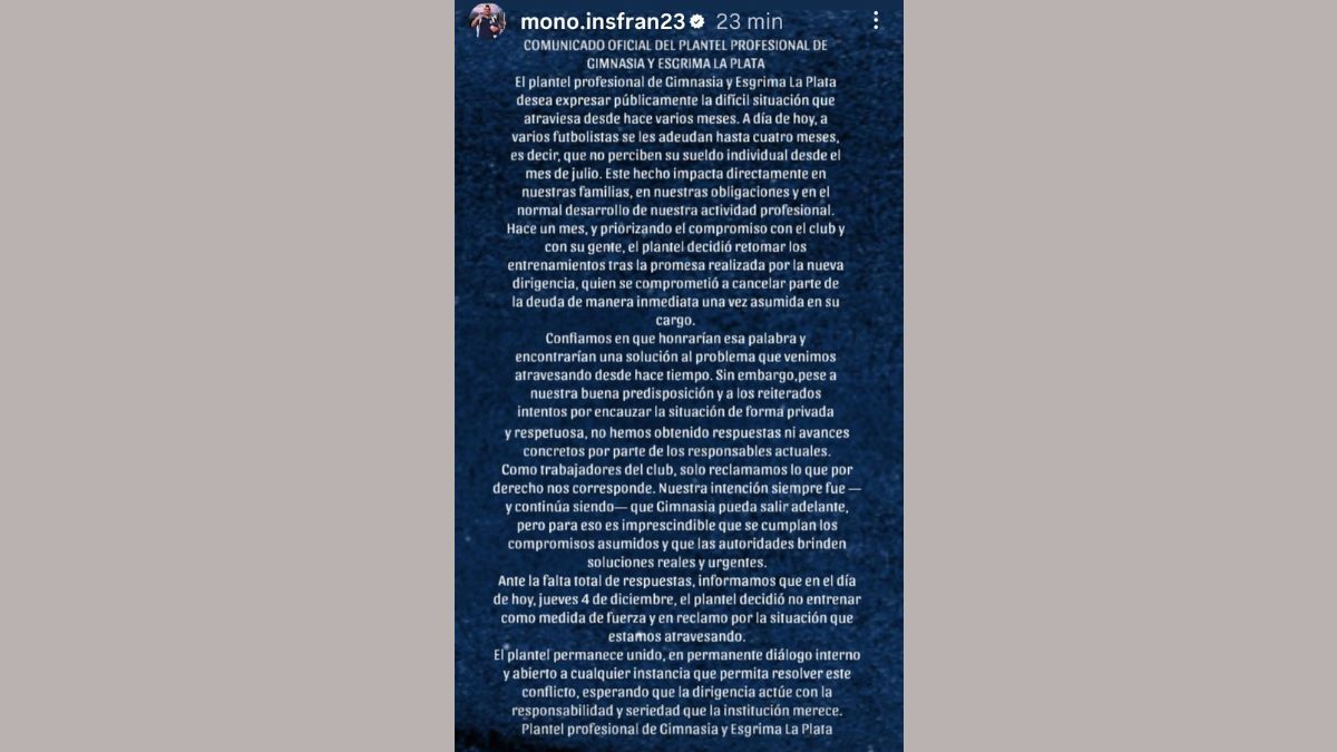 Comunicado de los jugadores de Gimnasia y Esgrima La Plata.