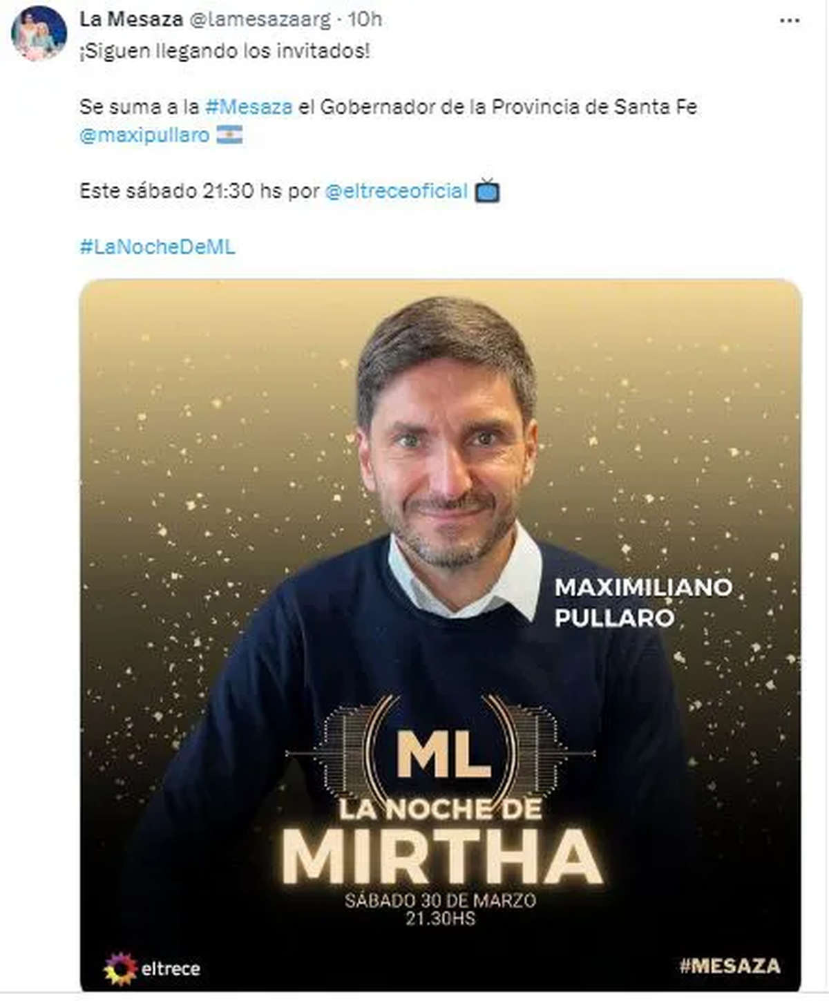 El tuit con el que Mirtha Legrand anunció que Maximiliano Pullaro formará parte de la Mesaza. El tuit con el que Mirtha Legrand anunció que Maximiliano Pullaro formará parte de la Mesaza.