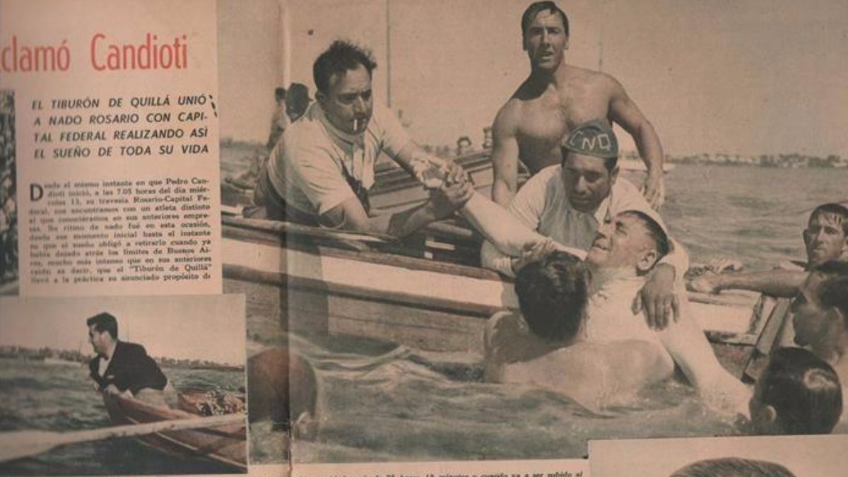 En las páginas de El Gráfico del 5 de abril de 1946, la proeza de Candioti de unir Rosario con Buenos Aires recibió una amplia cobertura. La foto central fue tomada a las 10.23 del sábado 16 de marzo de 1946, cuando fue retirado de las aguas del Río de la Plata. A las 10.28, alcanzó la orilla caminando frente al edificio de la empresa Dodero, se despertó por completo y, de cara al cielo, dijo: “¡Gracias, Dios! ¡Llegué! ¡Llegué!” En las páginas de El Gráfico del 5 de abril de 1946, la proeza de Candioti de unir Rosario con Buenos Aires recibió una amplia cobertura. La foto central fue tomada a las 10.23 del sábado 16 de marzo de 1946, cuando fue retirado de las aguas del Río de la Plata. A las 10.28, alcanzó la orilla caminando frente al edificio de la empresa Dodero, se despertó por completo y, de cara al cielo, dijo: “¡Gracias, Dios! ¡Llegué! ¡Llegué!”