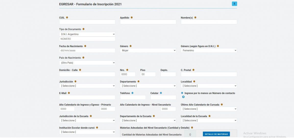 El formulario para la inscripción al cual se accede desde la página del Ministerio de Educación de la Nación.