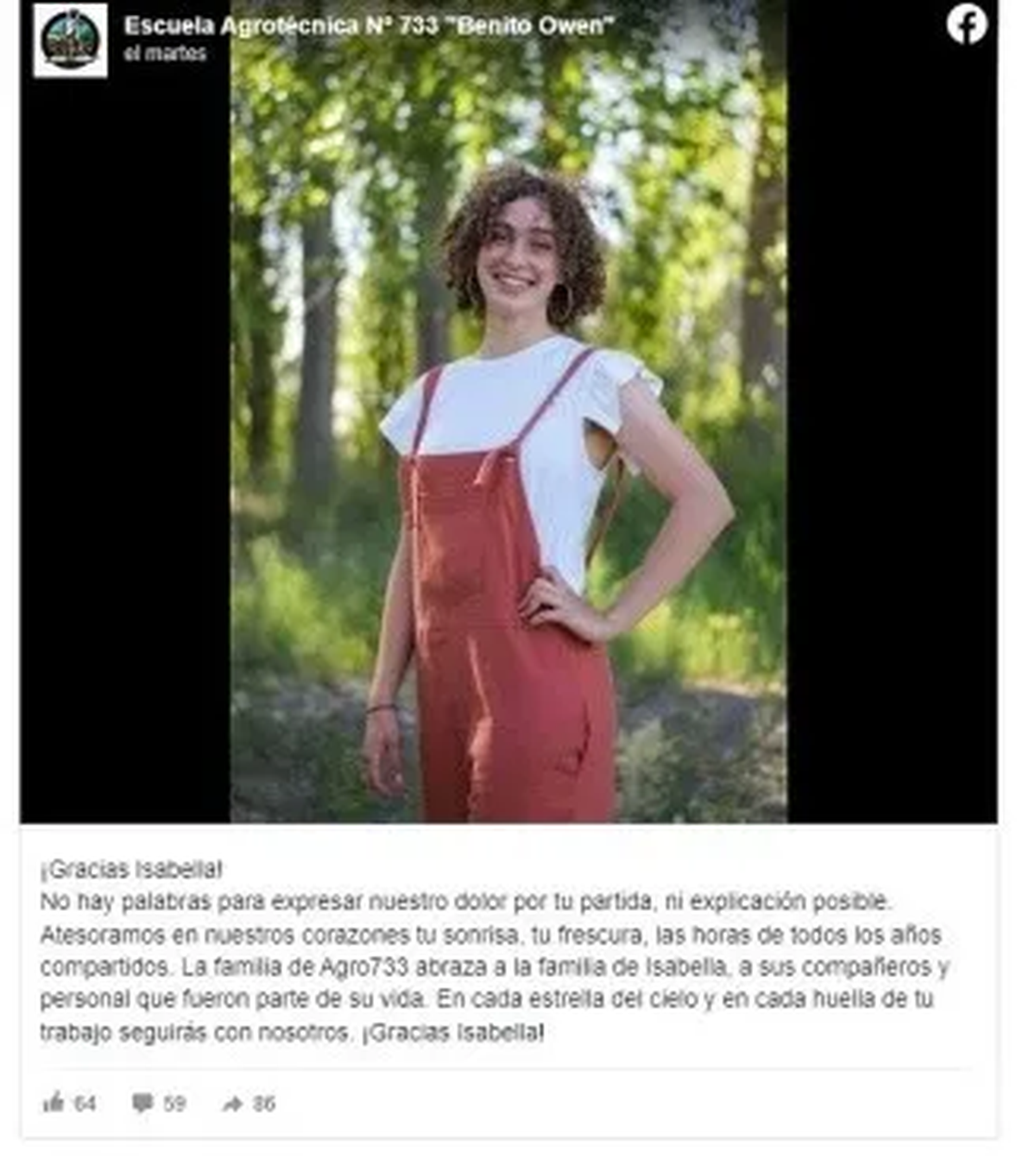 La escuela secundaria a la que asistió Isabella la despidió en Facebook.  