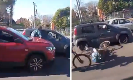 Un conductor encerró a una ciclista, la atropelló y se escapó al chocar otro auto en Buenos Aires. Un conductor encerró a una ciclista, la atropelló y se escapó al chocar otro auto en Buenos Aires.