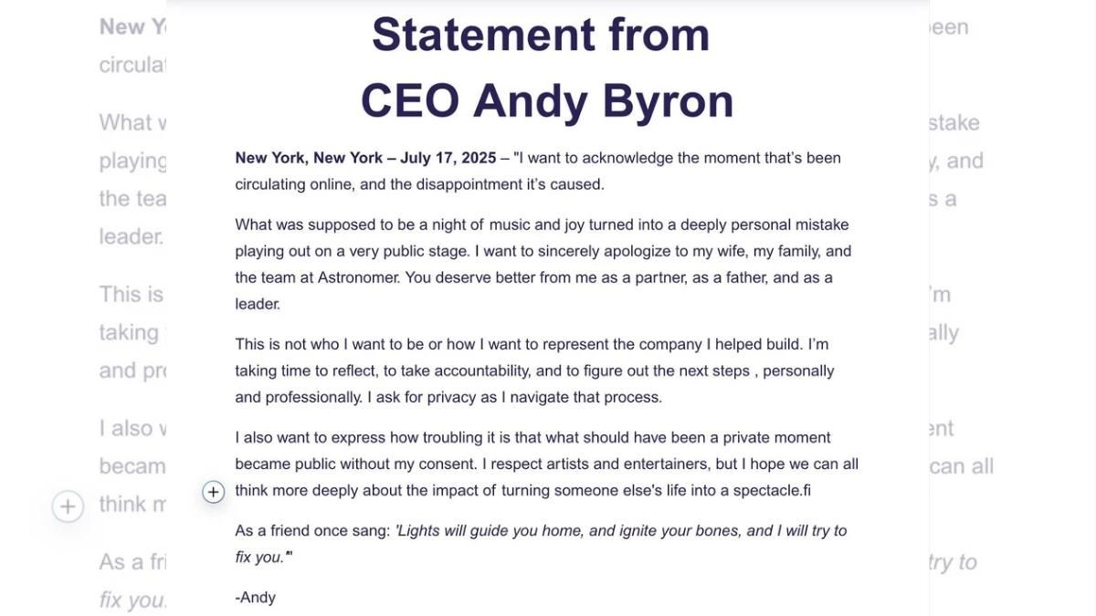 La declaración del CEO de Astronomer, Andy Byron. La declaración del CEO de Astronomer, Andy Byron.