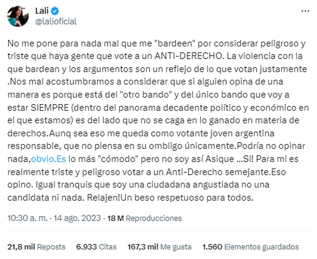 Lali Espósito estalló contra Javier Milei y respondió a las críticas. Lali Espósito estalló contra Javier Milei y respondió a las críticas.