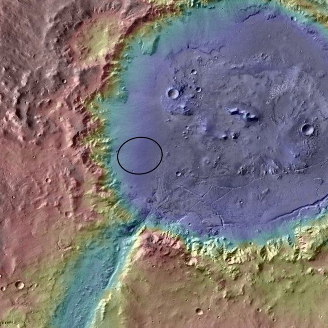 El cráter Jezero, en donde la Nasa buscará rastros de vida microbiana pasada.